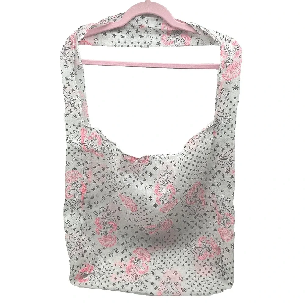 Free People Reusable Shopping Tote Mesh Bag XL Boho Pink Floral Lightweight